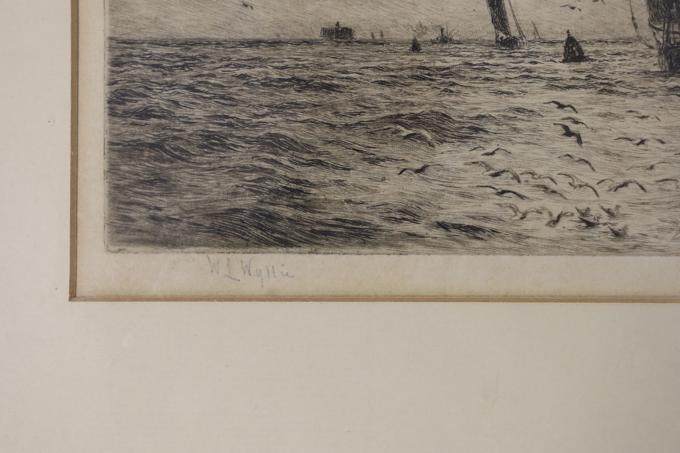 William Lionel Wyllie (1851-1931), etching, 'Shipping off Portsmouth', signed in pencil, 15 x 35cm